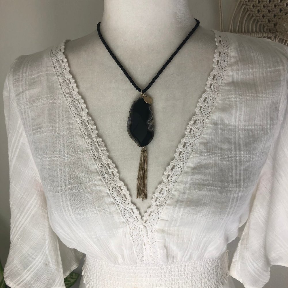 90s vintage black agate pendant satin cord gold fringe boho statement necklace